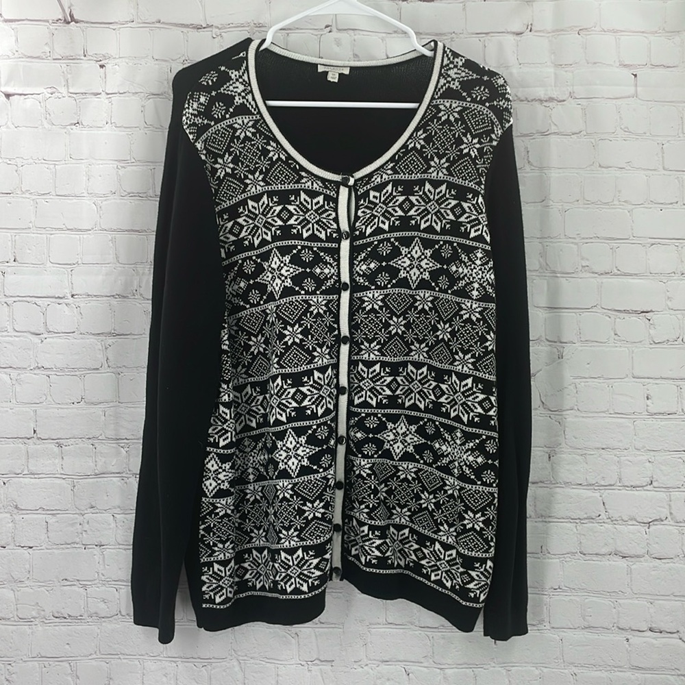 Talbots 1X Christmas Snowflake Fair Isle Nordic Cotton Button Down Black Sweater